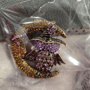 Elegant Purple and Gold Moon Owl Brooch